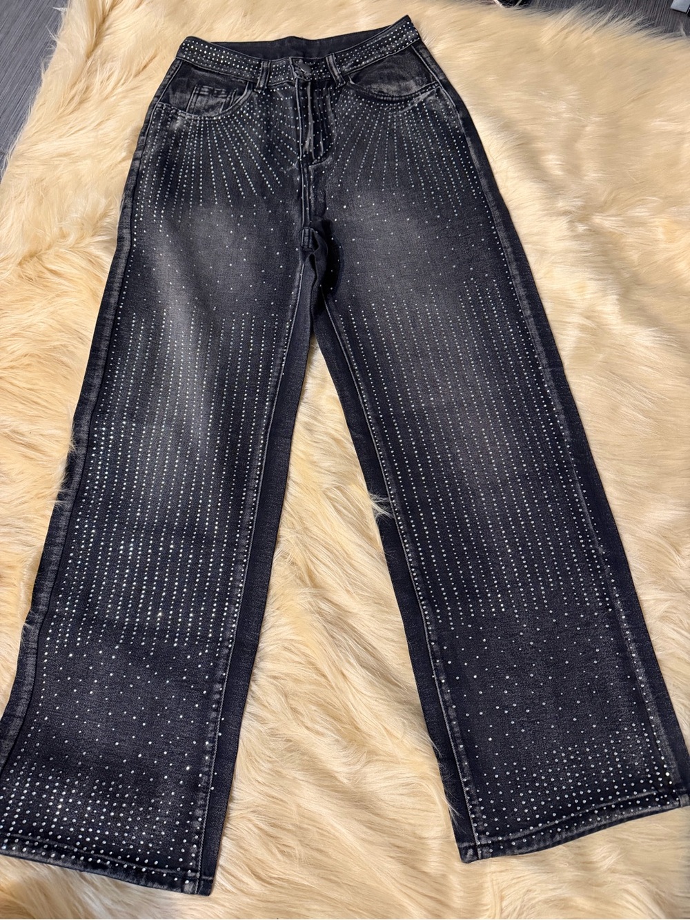 Black Wide-Leg Embellished Denim Pants size 27